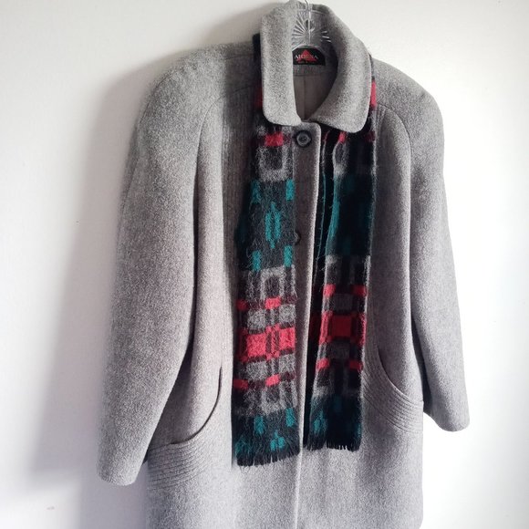 Wool Blend Gray Jacket Coat with Scarf - Picture 7 of 14